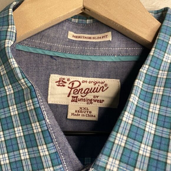 Penguin Heritage Slim Fit 2xl Men Long Sleeve Button Up Shirt Blue Plaid XXL - Picture 3 of 8